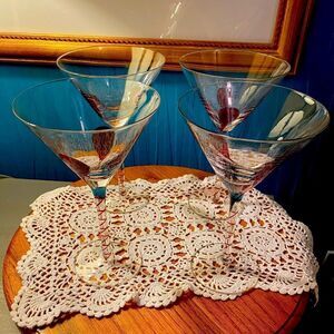 Martini glasses, red stripe, stem red in vase of glass set of four like new